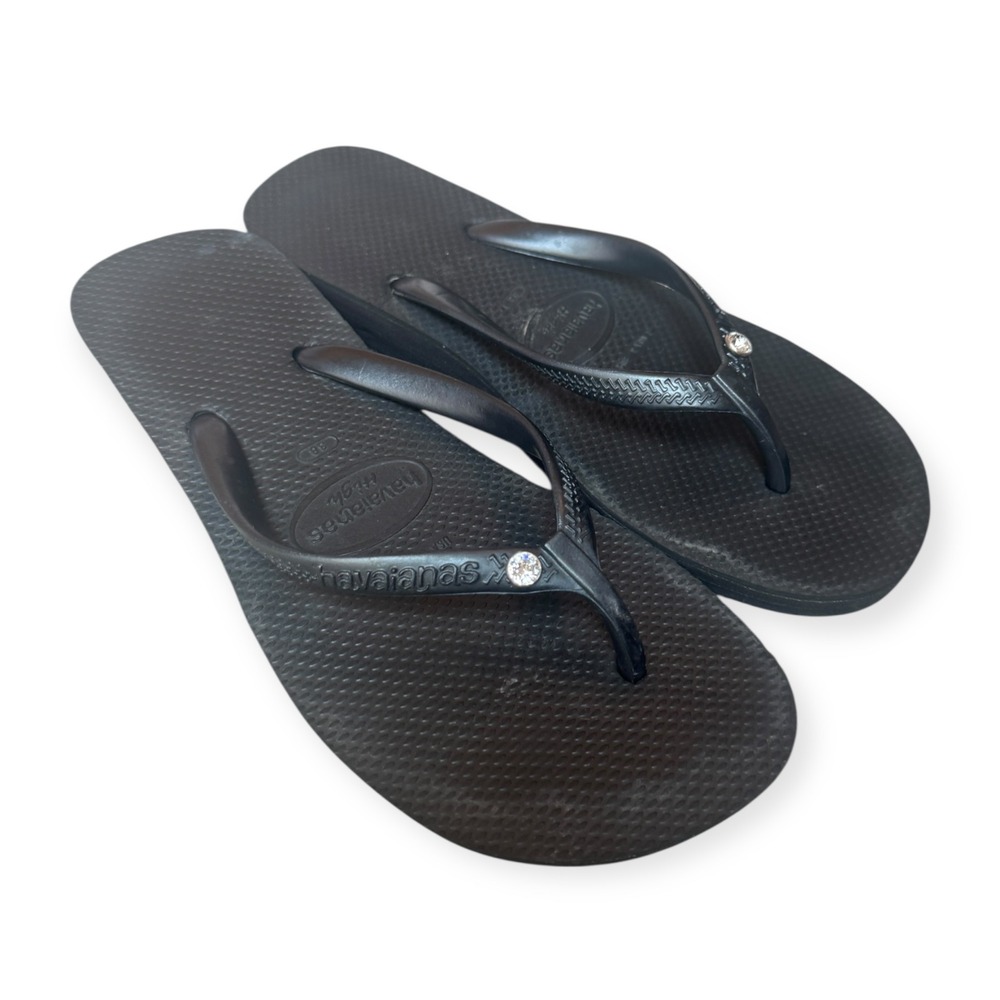Havaianas High Wedge Flip Flops Black Crystal Embellished Women US 6/38 EUR 40